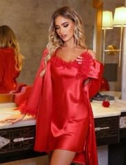 Scarlest Kırmızı Püsküllü İnce Askılı Saten 2'li Gecelik Sabahlık Takımı